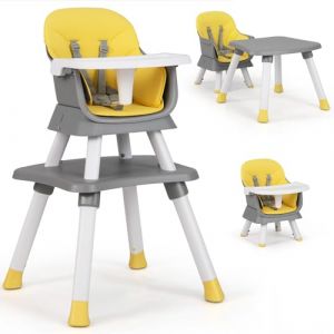 COSTWAY 6 en 1 Chaise Haute Bébé Evolutive avec Plateau Amovible, Chaise d'Alimentation Convertible avec Harnais à 5 Points, Table de Blocs de Construction, Charge 25kg, 6-36 Mois (Jaune) (FDS GmbH, neuf)