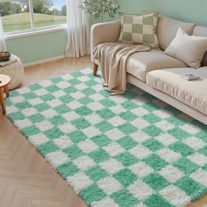HUGEAR Tapis Salon Shaggy Damier Tapis Chambre Adulte Fille Doux Moelleux Descente de lit AntidéRapant Moderne Grand Tapis Vert Blanc 150×210cm Decoration Chambrel (RONGBEN, neuf)