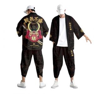 SUPTTING Ensemble kimono japonais traditionnel pour homme, pantalon large à manches trois-quarts, style asiatique, costume haori, vêtements décontractés pour homme, Style-i02 Noir, S (FAJEAL, neuf)