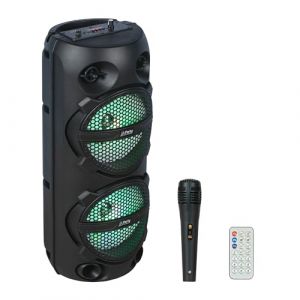 Party Light & Sound - Pluton - Enceinte, Baffle de 2 x 8”/20cm de 300W sur Batterie Rechargeable - Effet Lumineux - 1 Micro Filaire et 1 télécommande - Bluetooth, USB, Micro SD et TWS - Noir (Starmix, neuf)