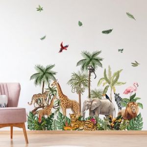 milaosk Stickers Muraux XXL Animaux de la For&ecirc;t Tropicale Autocollants Muraux Jungle Arbre Girafe &Eacute;l&eacute;phant Lion Tigre Papier Peint Sticker Mural D&eacute;coration Murale Enfant Chambre Bebe (Moxs, neuf)