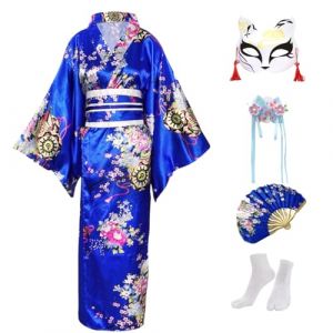 CRFASIBE 5 Pi&egrave;ces Kimono Japonais Enfants, Fille Robe Yukata Geisha Peignoir pour Spa, Enfants D&eacute;guisements Kimono Cosplay Ensemble de Costumes avec Accessoires(Bleu Marine,140cm) (YEEGERINC, neuf)