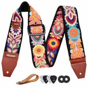 YIKOKO Sangle de guitare en coton tricot&eacute; &agrave; fleurs de 5,1 cm avec extr&eacute;mit&eacute; en cuir pleine fleur, pour guitares basses, &eacute;lectriques et acoustiques, bouton de sangle, 2 verrous de sangle et 4 m&eacute;diators (zs-Kiwi, neuf)