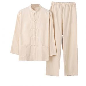 Chinois Traditionnel Manches Longues Tang Costume Kung Fu Uniforme Chemise pour Hommes Kung Fu Veste Pantalon, Coton Pur Tai Chi Uniforme, Hanfu Kung Fu Wing Chun Ch Beige-M (XSelector, neuf)