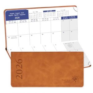 POPRUN Agenda de Poche 2026 Mensuel 17 x 8 cm - Couverture Souple en PU Cuir, 1 Mois 2 Pages, Petit Format Planner D'Jan 2026 à Déc 2026-12 Mois, Signet à rubans, Papier 80 g/m², Marron (Time Works Wonders, neuf)
