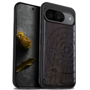 Carveit Coque en Bois pour Google Pixel 9 Étui Protection Artistique Cover TPU Souple de téléphone Antichoc Compatible avec Pixel 9 Etui (Bois Sombre-La Boussole des Grandes Vagues) (Carveit Art, neuf)