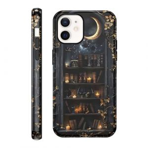 Niokfrci 2 in 1 Coque pour iPhone 12 Pro / 12 6,1", Aesthetic Bookshelf Biblioth&egrave;que Lune Feuilles Motif Dessin &Eacute;tui Brillant Silicone Fine TPU Filles Antichoc Housse Protection Cover, Bumper Case (rytr7uty, neuf)
