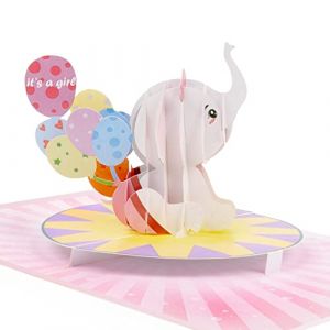 LIMAH&reg; Carte pop-up 3D de naissance pour fille &ndash; Carte de f&eacute;licitations, carte de naissance adapt&eacute;e pour cadeau, bon ou cadeau en argent, its a Girl &ndash; Motif b&eacute;b&eacute; &eacute;l&eacute;phant avec ballons en rose (LIMAH, neuf)