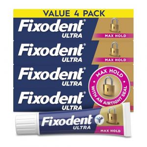 Fixodent Ultra Max Hold Secure Lot de 4 Pate Dentaire Adh&eacute;sive pour Proth&egrave;ses Dentaires Compl&egrave;tes et Partielles, 62,4 g (Hops - Online, neuf)