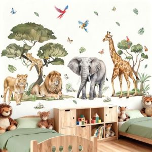 wondever Stickers Muraux Grand Animaux de la Jungle Arbre Autocollants Muraux Mural Stickers Savane El&eacute;phant Lion Safari pour Chambre Enfants B&eacute;b&eacute; P&eacute;pini&egrave;re Salon (Wondever EU, neuf)