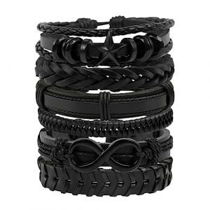 Manfnee 6Pcs Rock Punk Étoile Infini Homme Femme Bracelet tressé à cordon Cuir PU Noir Rétro vintage (Manfnee, neuf)