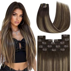 YoungSee Extension Cheveux Naturel Clip Balayage Extension a Clip Cheveux Naturel 45 cm Extension Clip Vrai Cheveux Brun Fonce Balayage Blond Extension a Clip Cheveux Humain 120g #4/27/4 (YoungSee Europe, neuf)