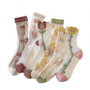 Yolhloy 5 Paires Chaussettes Transparentes pour Femmes Chaussettes Fines en Filet &agrave; Paillettes Nylon Cheville Socquettes en soie Douce &Eacute;t&eacute; Vintage Fleur Ruffle Chaussette &agrave; Volants (edreamoriginal, neuf)