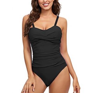 heekpek Femme Maillot de Bain 1 Pieces Bikini Ruché Monokini Vintage Maillot de Bain Taille Haut Push Up Réglable Sexy Monokini, Noir, Taille XL (HKPK, neuf)