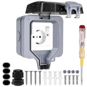 Prise Exterieure Etanche IP66 Single Prise de Courant et Volet de Protection Multiprise Electrique Murale de Jardin, Prise Anti-Poussière et Coupe-Vent avec Interrupteur, Voyant Lumineux (Darton EU, neuf)