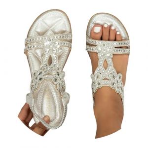 chaussure femme ete Sandales Femme &Eacute;t&eacute; Confortable Nu Pieds T-Strap &Eacute;lastique Bride &Agrave; La Cheville Bout Ouvert plate De Plage Cristal Floral Casual compens&eacute;e corde mariage Chaussures strass,argent,39 (FUKUANMA-FR, neuf)