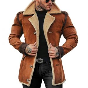 Duohropke Manteau long en cuir pour homme - Manteau d'hiver en daim avec col en fourrure - Manteau en cuir uni - Veste d'hiver thermique &agrave; une rang&eacute;e - Veste de moto - Trench - Veste softshell, marron (PANGCON, neuf)