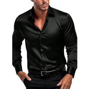 Chemise &agrave; manches longues en satin de soie brillante pour homme avec &eacute;lastique &agrave; manches longues en polaire pour homme, Noir , S (AQVpfhvvk, neuf)