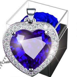 Rose Éternelle avec Saphir Collier， Conservée avec Bijoux Argent 925，Fleurs Préservées Coeur Cristal，Boîte de Roses for Saint-Valentin Noël Anniversaire Rose Stabilisée Birthstone Pendentif Bleu (SWEETIME FR, neuf)