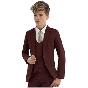 Costume formel 3 pièces pour garçons - Veste à revers en pointe - Pantalon - Costume de fête pour garçons - Costume de mariage pour enfants, bordeaux, 16 ans (Sunny2028, neuf)