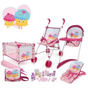 509 Crew Cup Cake Rose 21 Pièces Kit de Jeu Stroll n Play & Care Combiné : Poussette, Lit de Voyage, Balançoire, Chaise Haute, Accessoires d'Alimentation pour Poupée (509 Crew Deutschland, neuf)