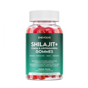 Shilajit Gommes 500mg - Haute concentration - Sans sucre - Saveur fraise - Ashwagandha et Chaga Mushroom - V&eacute;g&eacute;talien et Sans Gluten - Stimulation de l'&eacute;nergie - Concentration et &Eacute;quilibre (ENEVOLVE, neuf)