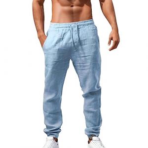 Pantalon en lin l&eacute;ger pour homme - Pantalon d'&eacute;t&eacute; - Pantalon de loisirs - Pantalon de sport - Pantalon de jogging - Pantalon de loisirs - Pantalon moderne en lin, Bleu ciel/C, 3XL (Kanpola (Magasin vieux de 10 ans), neuf)