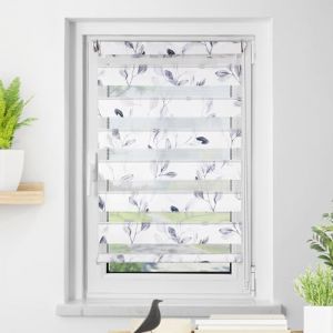 Deswell Store Enrouleur Jour Nuit sans Per&ccedil;age Blanc-Feuilles 80l x 150Lcm (Largeur du Tissu 76cm) Doulle Rideau &agrave; Motif, Duo de Stores pour Fen&ecirc;tre sans Per&ccedil;age Stores avec Motif (WanMi, neuf)