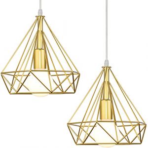 iDEGU Suspension Luminaire R&eacute;tro 25CM Lustre Plafonnier Vintage Industriel Lampe Abat-jour Design Cage &agrave; Diamant &Eacute;clairage de Plafond en M&eacute;tal pour Salon Chambre Cuisine (Dor&eacute;, 2 pack) (IDEGU, neuf)