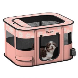 Pawaboo Parc Enclos Pliable Chien Chat, Enclos Extérieur Intérieur Portable, Cage Clôture Tente d'exercice en Tissu Oxford pour Petits Animaux, avec Bol à Nourriture, L, Fleur Rose Claire (Joiel EU, neuf)