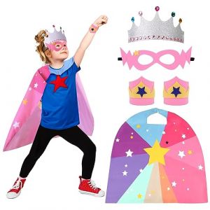 XEPST Cape de Super-héros pour Enfants, ensemble de Costumes de Super-Héros 5 pièces avec Bracelets de Couronne de Cape de Masque de Super-Héros pour Enfants Cosplay de Carnaval d'Halloween, Fille (XEPST, neuf)