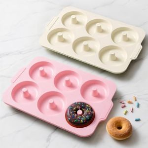 Toeusog Moule Donuts Silicone 2-Pi&egrave;ces: 6 Cavit&eacute;s Grand Moule &agrave; Beignets avec Poign&eacute;es pour Four - Antiadh&eacute;sif Grande Moules en Forme de Donut pour Cuisine - Moule G&acirc;teau Bagels sans BPA (Rose&Beige) (Toeusog-us, neuf)