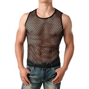 ROSVAJFY Débardeur en Résille pour Hommes Transparent, Débardeur Sexy en Maille Respirante Hommes, Maillot de Corps en Résille Gym Clubwear Noir (Grand Filet) (as4, Alpha, l, Regular, Regular) (JuKunShangMao, neuf)