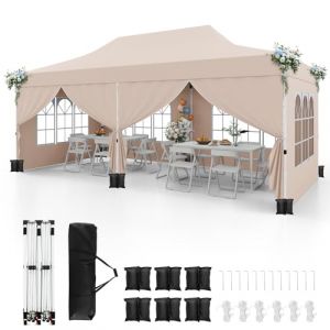 GOPLUS 3x6M Tonnelle Jardin Pliable, Hauteur Réglable, Entrées Zippées, Fenêtres, Sac de Transport, Sac Lesté Pavillon Portable Instantanée Pop-Up pour Fête,Mariage (3x6M-Pliable,Beige-avec Bâche) (Augenstern24, neuf)