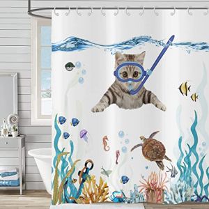 Hnmdmyi Rideau de Douche Drôle Chat 180x220, Mignon Chaton nageant en Teal Bleu océan Rideau de Baignoire Tortue de mer Poissons tropicaux méduse étoile de mer Corail Nautique Rideau de Bain Enfants (Hnmdmyi, neuf)