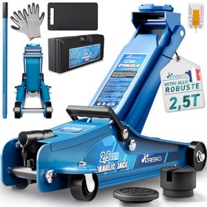 TRESKO Cric hydraulique 2,5 t - Hauteur de Levage 85-385 mm - avec Mallette - Cric hydraulique Plat pour Voitures surbaissées - Roues à 360° avec 2 Patins en Caoutchouc, Tapis de Genoux, Gants (DWD-Company, neuf)