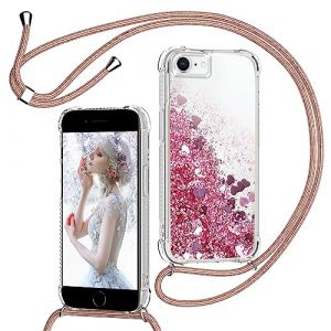 TUUTPU Coque pour iPhone 8/SE 2020/2022/7/6 avec Cordon, Paillette Liquide &Eacute;tui pour T&eacute;l&eacute;phone avec Lani&egrave;re, Transparent Silicone Collier R&eacute;glable Protection Housse Portable Lanyard Case, Rose (TUUTPU, neuf)