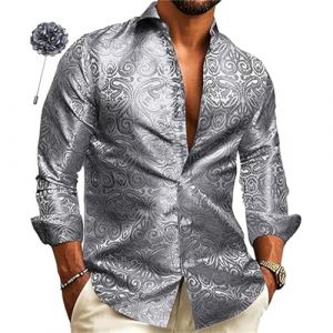 Chemise &agrave; manches longues brillante pour homme, chemise de costume de carnaval dor&eacute;e brillante avec jacquard fonc&eacute;, chemises de mariage, v&ecirc;tements de rue tendance, couleur unie, argent, XL (H2621Lyuqin, neuf)
