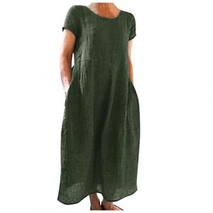 Robe d'&eacute;t&eacute; en lin pour femme - Col rond - Manches courtes - Robe d'&eacute;t&eacute; en coton et lin - Robe de plage - Couleur unie - Vintage - Robe de loisirs l&eacute;g&egrave;re et a&eacute;r&eacute;e, Vert arme A1., 4XL (Dvving6, neuf)