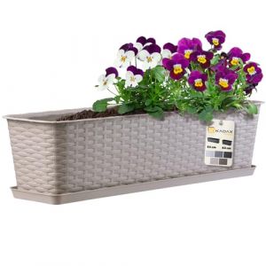 KADAX Jardinière Rectangulaire 60 cm, Balconnière en Plastique Aspect Rotin avec Soucoupe pour Embellir Votre Espace Extérieur (Caramel) (KADAX, neuf)