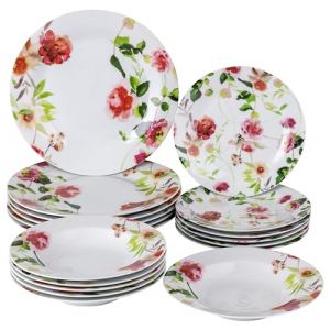 Baroni Home Service d'Assiettes 18 Pièces en Porcelaine et Grès, Servi de Table Colorée pour 6 Personnes, Assiette Creuse, Assiette, Fruits ou Sucré, Fantaisie Roses (Baroni Home, neuf)