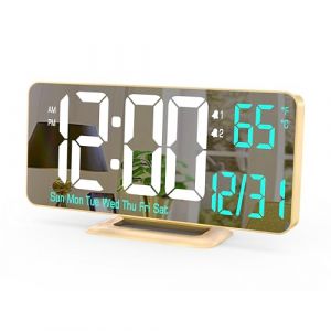 KOSUMOSU Double réveil de Bureau doré 6,7 Pouces avec variateur d'intensité, 12/24h, Secondes, Date, Jour de la Semaine, Temp, Horloge numérique LED pour Chambre à Coucher, Calendrier numérique (KOSUMOSU TECHNOLOGY, neuf)