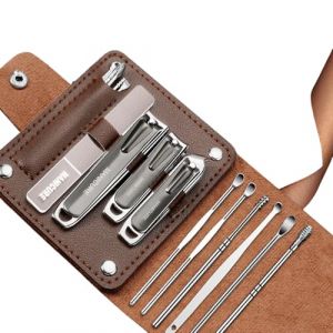 Bibykivn Kit manucure pédicure 10 pièces en acier inoxydable – Set professionnel pour ongles, cuticules et soins des pieds – Avec étui de voyage pour femme et homme (Marron) (SUIRAN-EU, neuf)