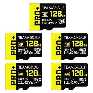 TEAMGROUP Lot de 5 cartes A2 Pro Plus 128 Go Micro SDXC UHS-I U3 A2 V30, R/W jusqu'&agrave; 160/110 Mo/s pour Nintendo Switch, appareils de jeu, tablettes, smartphones, prise de vue 4K, avec adaptateur (Fast Media Ships From USA, neuf)