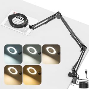 Jubor Améliorée Lampe Loupe de Bureau, 15X 10X LED Loupe avec Lumière avec Pince et 3 Bras Pivotant, Lampe de Bureau avec 5 Modes de Couleurs Réglables pour Lecture, Réparation, Artisanat (Satawit, neuf)
