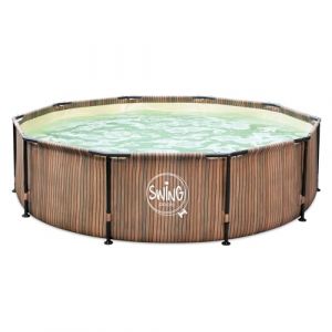 HAF® Swing Metal Frame Piscine avec les dimensions 366 x 91 cm + skimmer | Aspect bois marron naturel | Capacité d'eau env. 8 300 l | Piscine de qualité supérieure | Piscine de jardin/hors sol sans (HAF GmbH, neuf)