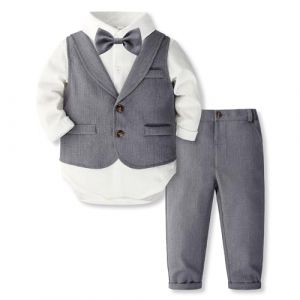 Volunboy Ensemble Costume B&eacute;b&eacute; Gar&ccedil;on Gentilhomme, Costumes Mariage Gilet Chemise Pantalon avec Noeud Papillon(Gris Pur,9-12 mois,Taille 70) (Volunboy, neuf)