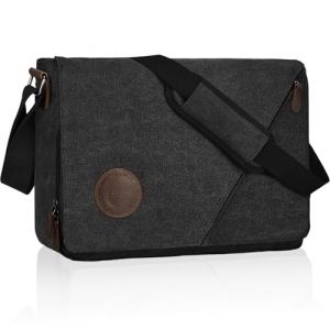 Eshow Sacoche Homme Bandouliere Imperm&eacute;able, Sac Bandouli&egrave;re Besace Homme pour Ordinateur 15,6" Sacs d'&eacute;paule en Toile et Cuir C&eacute;ritable Vintage pour Travail Voyage Loisirs Bureau Universit&eacute; Noir (HomyFy, neuf)