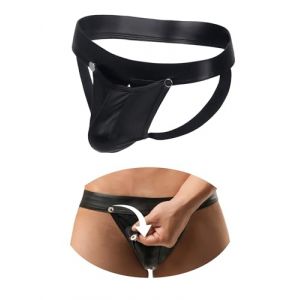 ohyeahlady Jockstrap Homme Cuir Ouvert Devant String Ficelle Ouvert Homme Sexy Erotique Slip Chic Poche Ouverable Tanga sans Couture Tenue Club Libertin Halloween sous Vetement Lingerie Hot S,Noir (ohyeahlady, neuf)