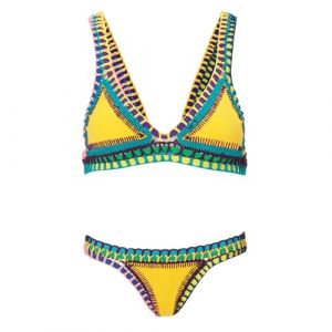 Maillot De Bain Femme 2 Pieces Sexy Couleur Vive Patchwork Fait Main Crochet pour La Plage Maillots Deux PièCes Push Up Triangulaire en Crochet Ethnique Haut Et Bas De Bikini Taille Basse String (FATUS, neuf)